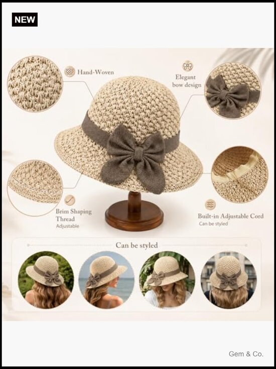 Handwoven Wide Brim Straw Bucket Hat with Drawstring & Bow main image 5